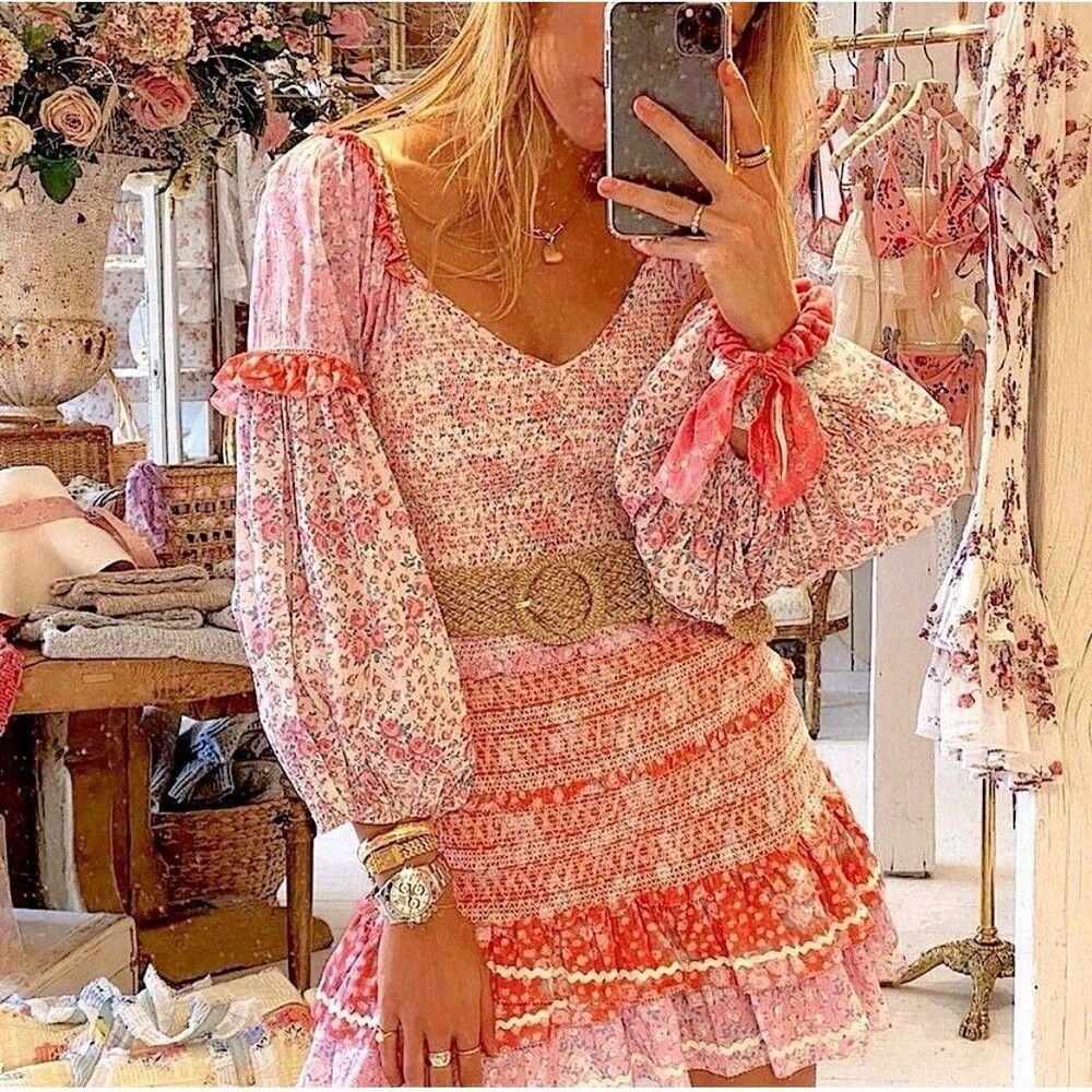 LoveShackFancy Ensley Smocked Embroidered Floral Printed Mini Dress S Fairycore
